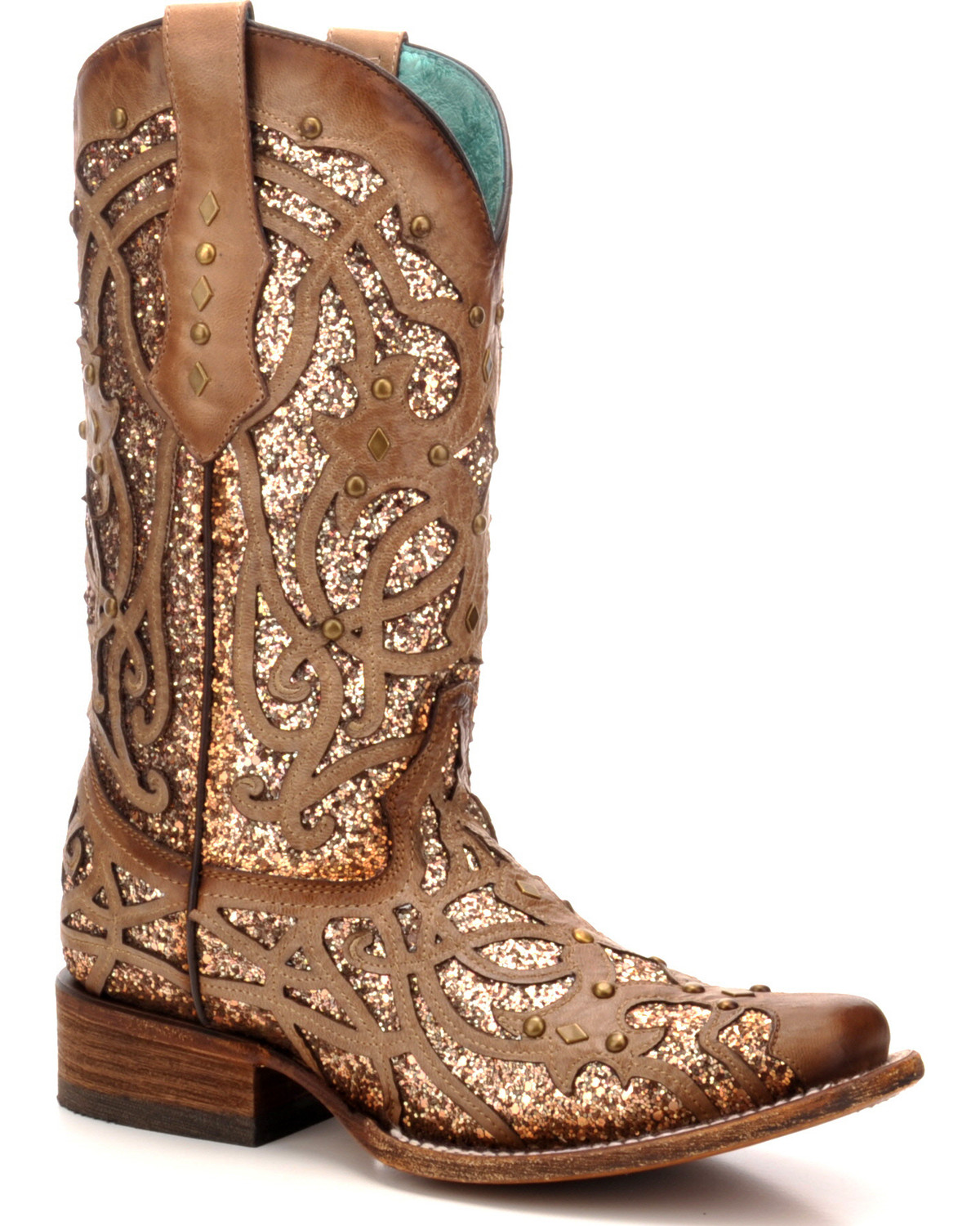 R1289 CORRAL Women's Distressed Cognac Sequin Studded Cowgirl Boot Square Toe 
