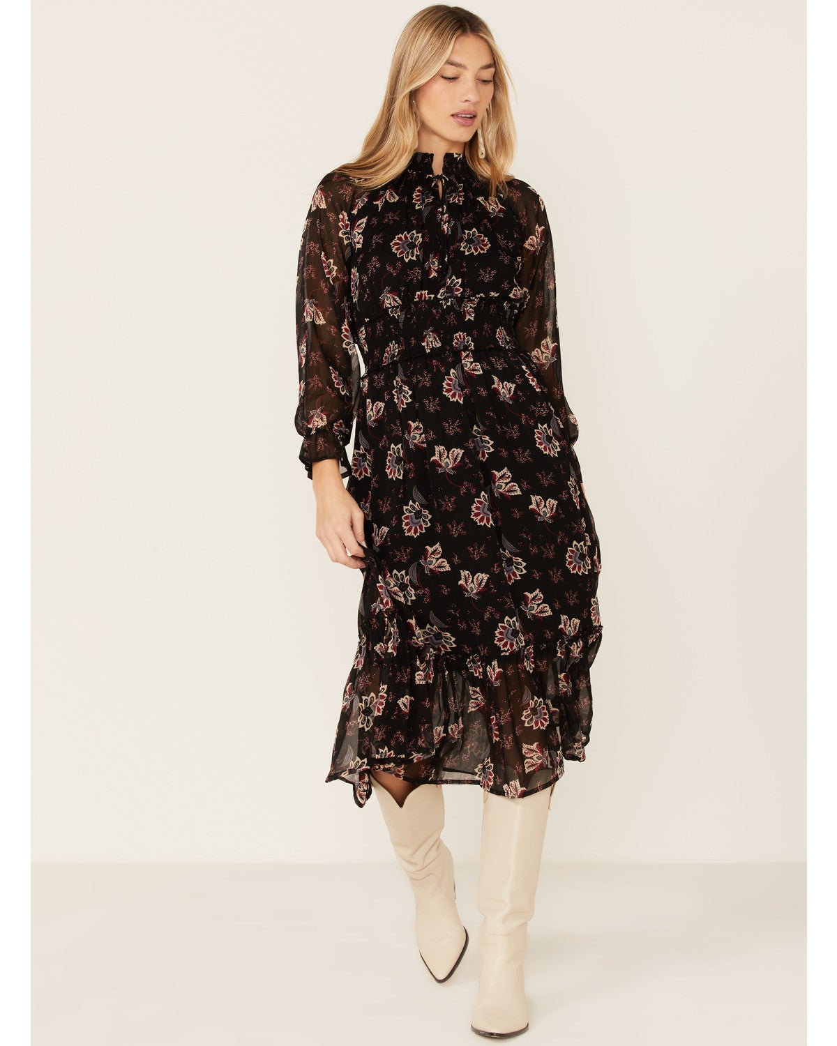 Patrons of Peace Women's Black Floral High Neck Long Sleeve Midi Dress