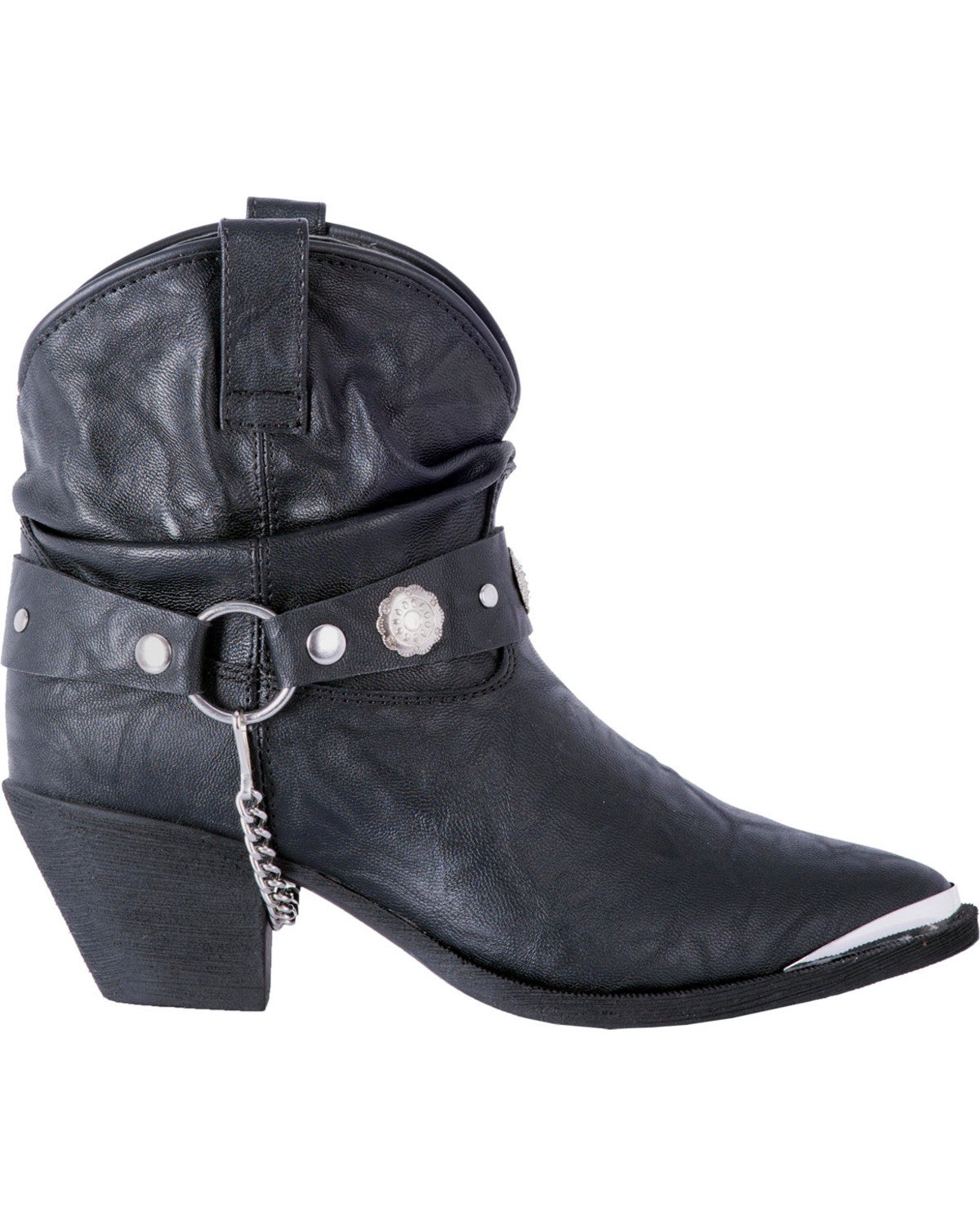 Dingo Women's Black Leather Concho Strap Slouch Ankle Boots Pointed