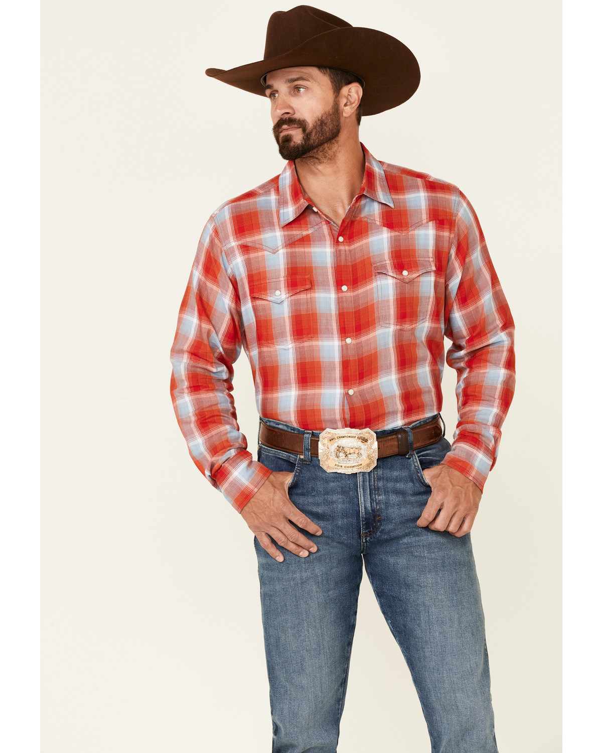 Wrangler Mens Retro Red and Navy Plaid Long Sleeve Western Snap Shirt