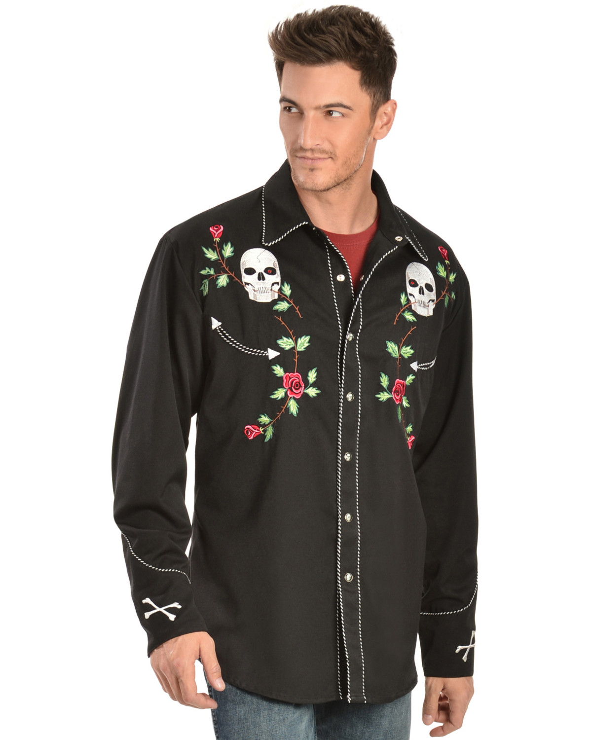 Scully Skull & Roses Embroidered Retro Western Shirt | Sheplers