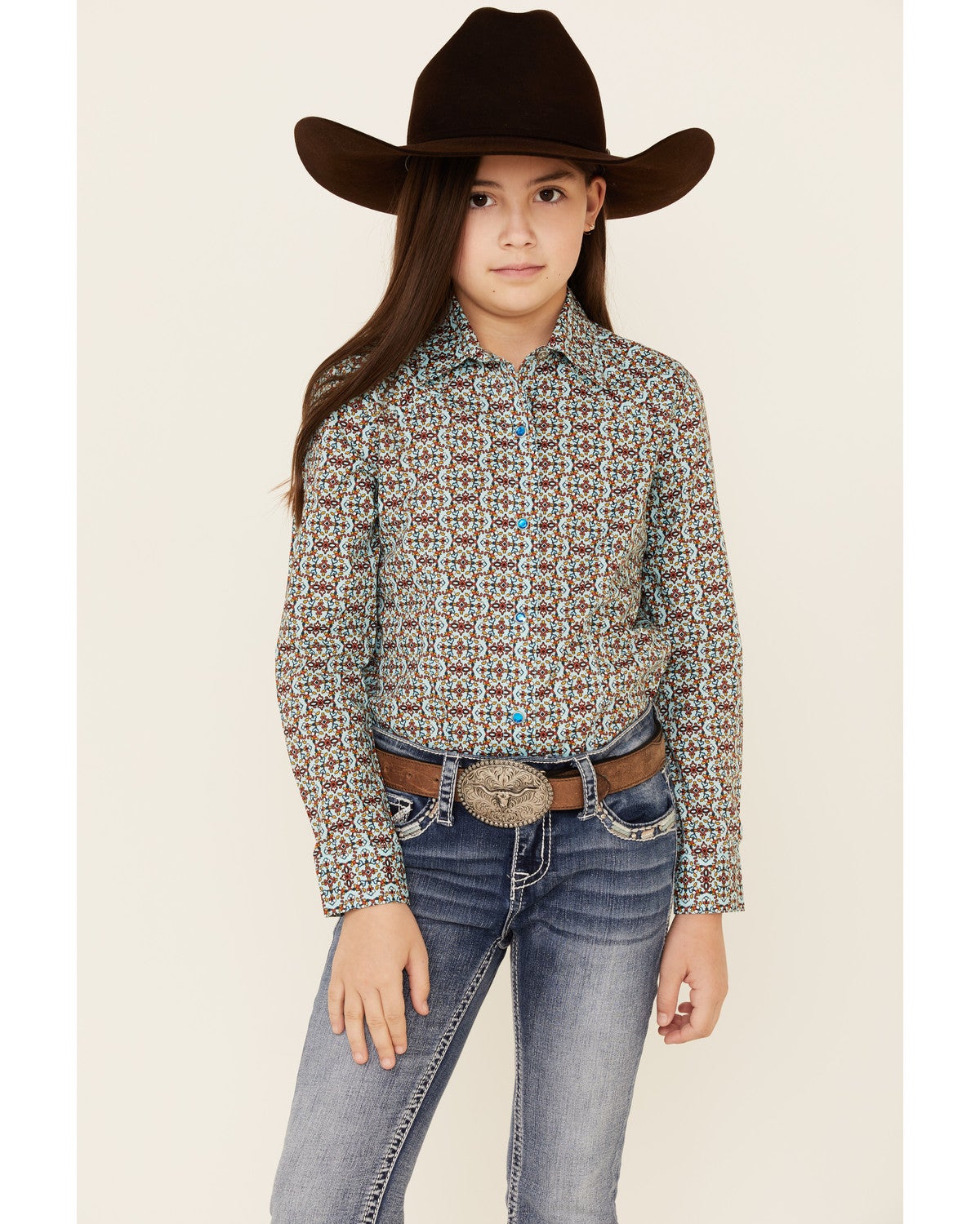 Cruel Girl Girls' Blue Geo Print Long Sleeve Western Shirt Sheplers