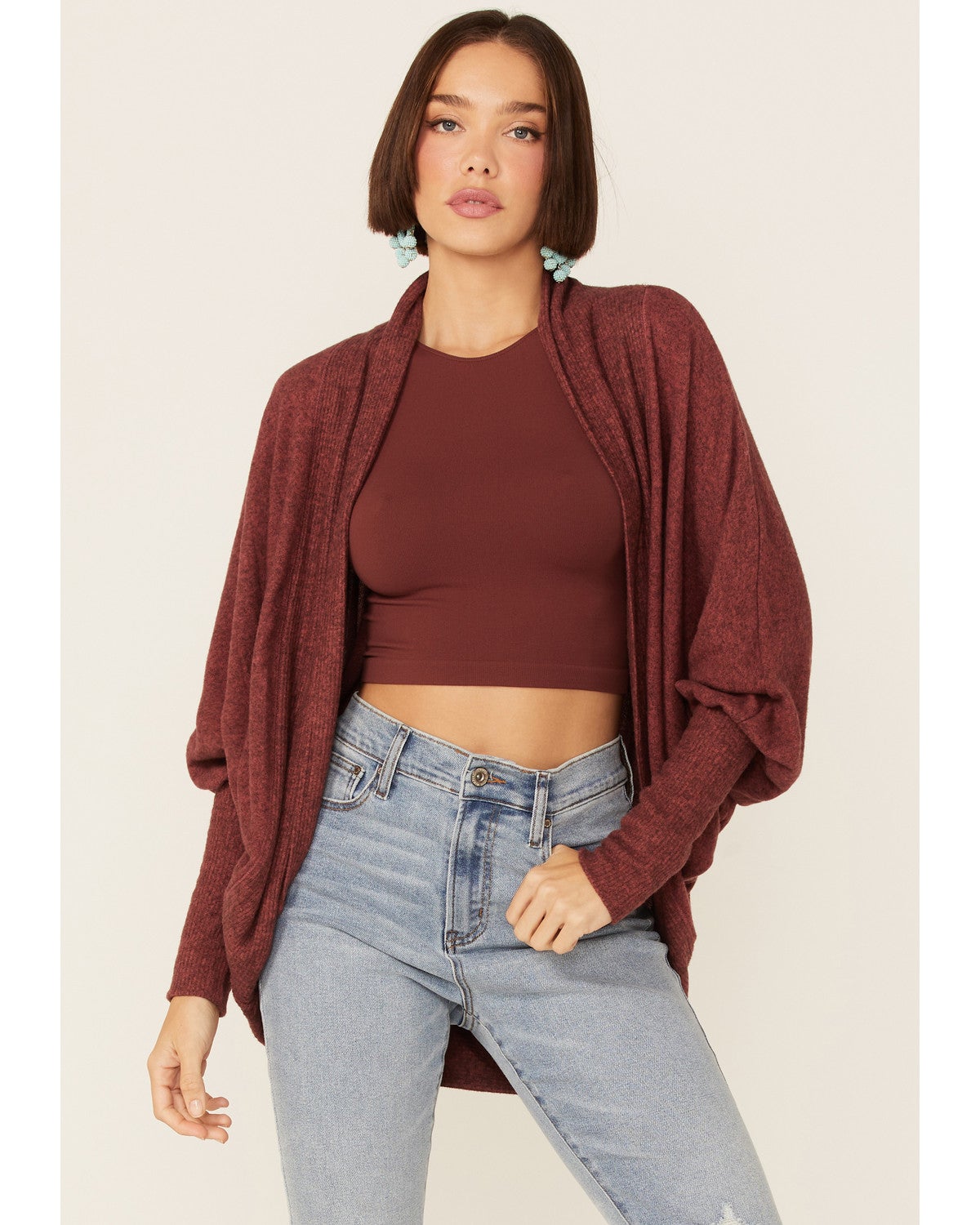 Miss Me Dolman Sleeve Cardigan (Rust Brown) Women's Clothing