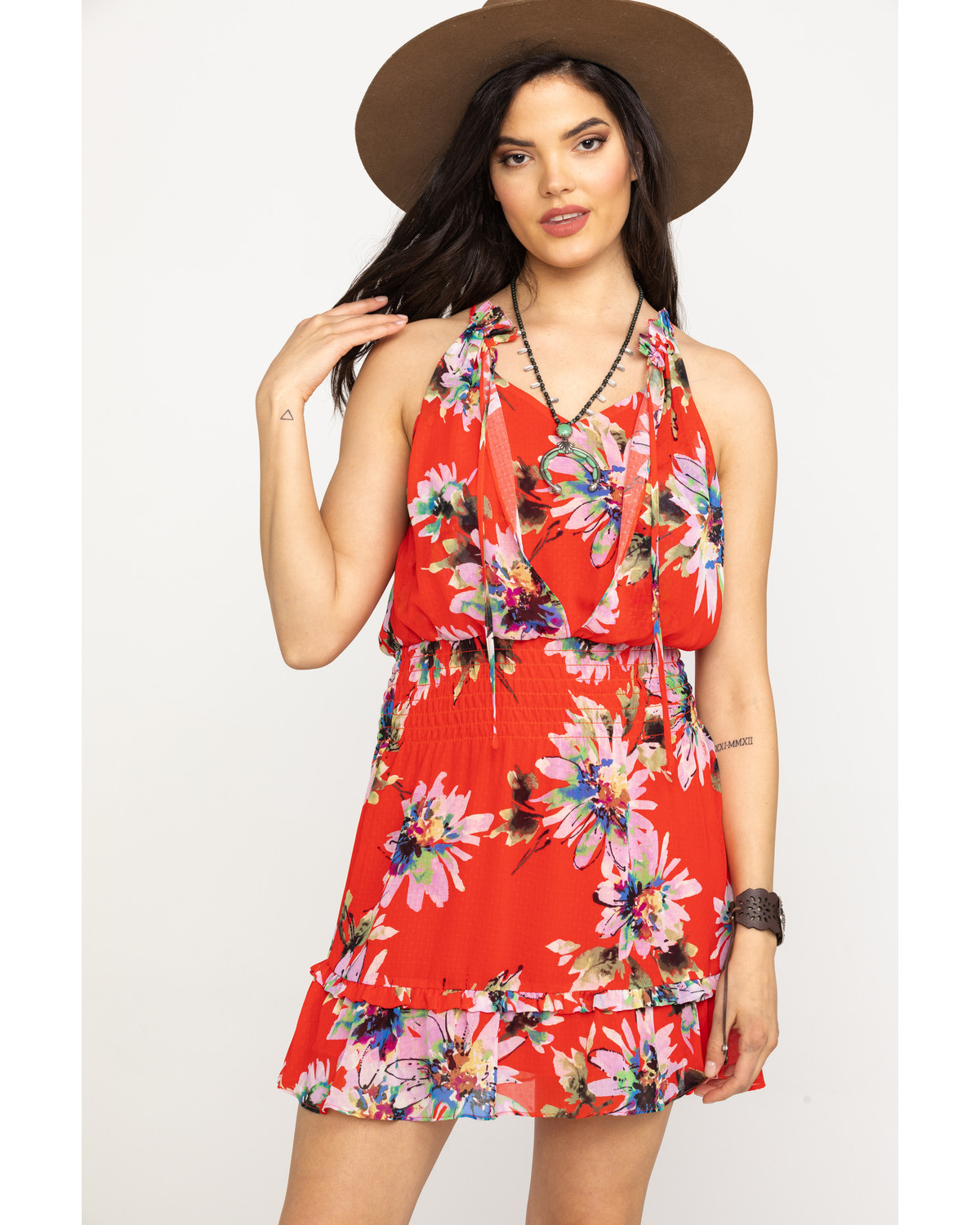 red floral halter dress