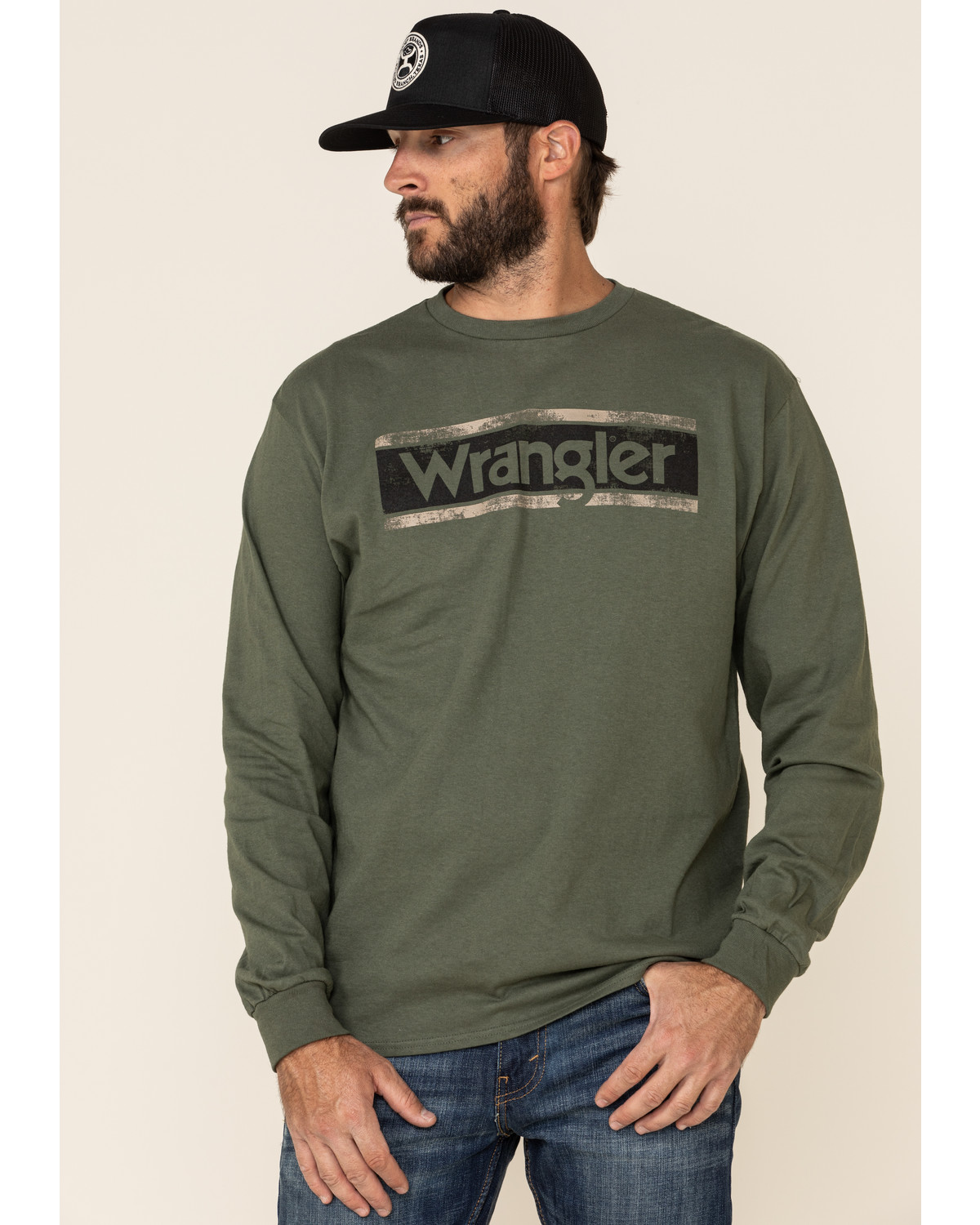 Wrangler Men S Green Logo Block Graphic Long Sleeve T Shirt Sheplers