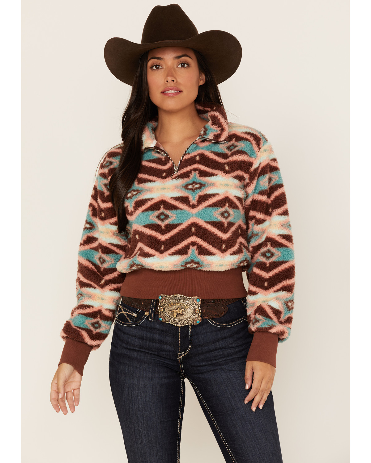 Rock & Roll Denim Women's Southwestern Print Half-Zip Cropped Sherpa  Sweater | Sheplers