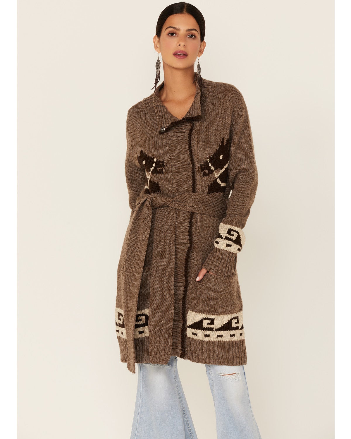 Stetson Women's Brown Horse Motif Belted Knit Wool Blend Cardigan