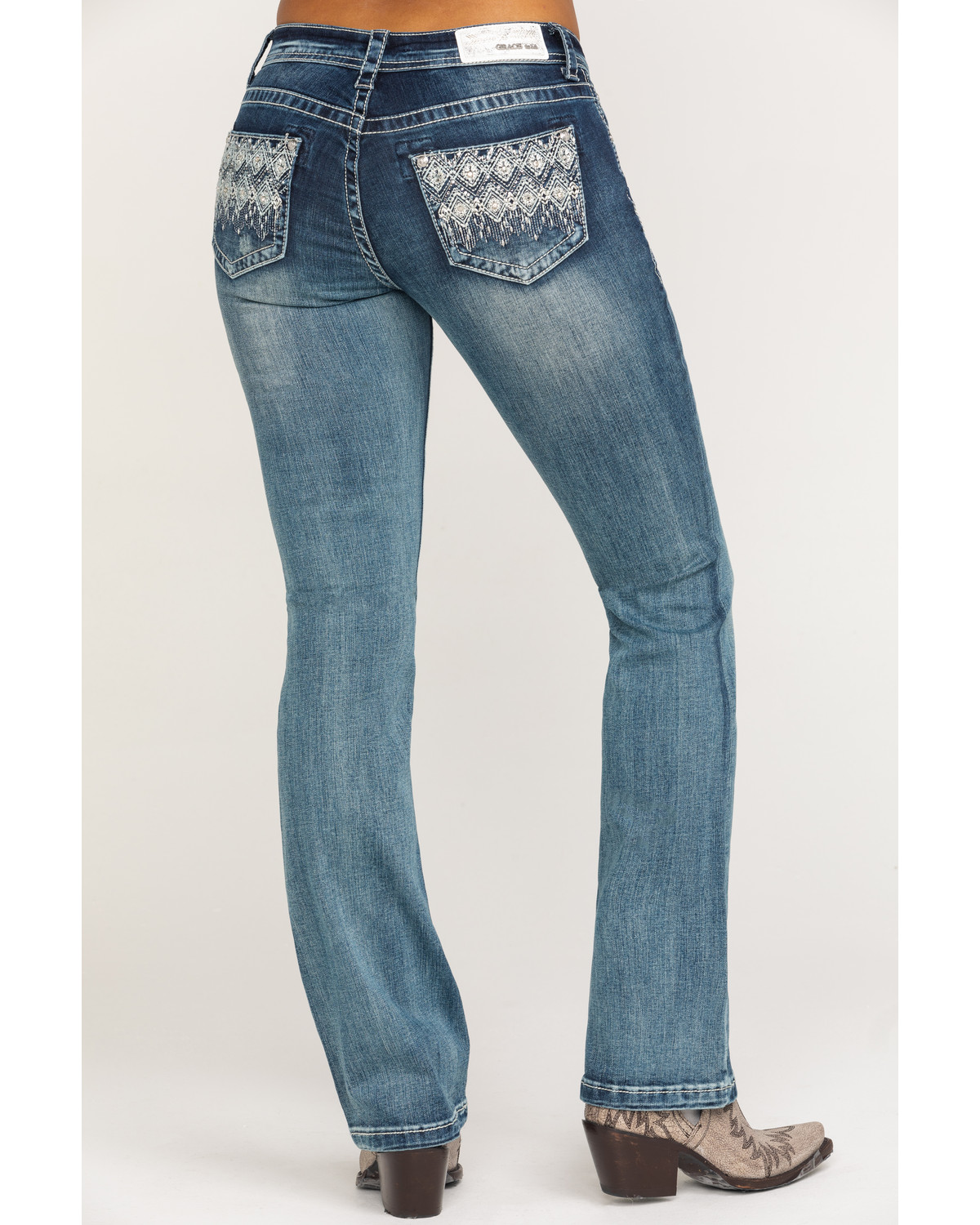 område gys Trivial Grace in LA Women's Aztec Pocket Bootcut Jeans | Sheplers