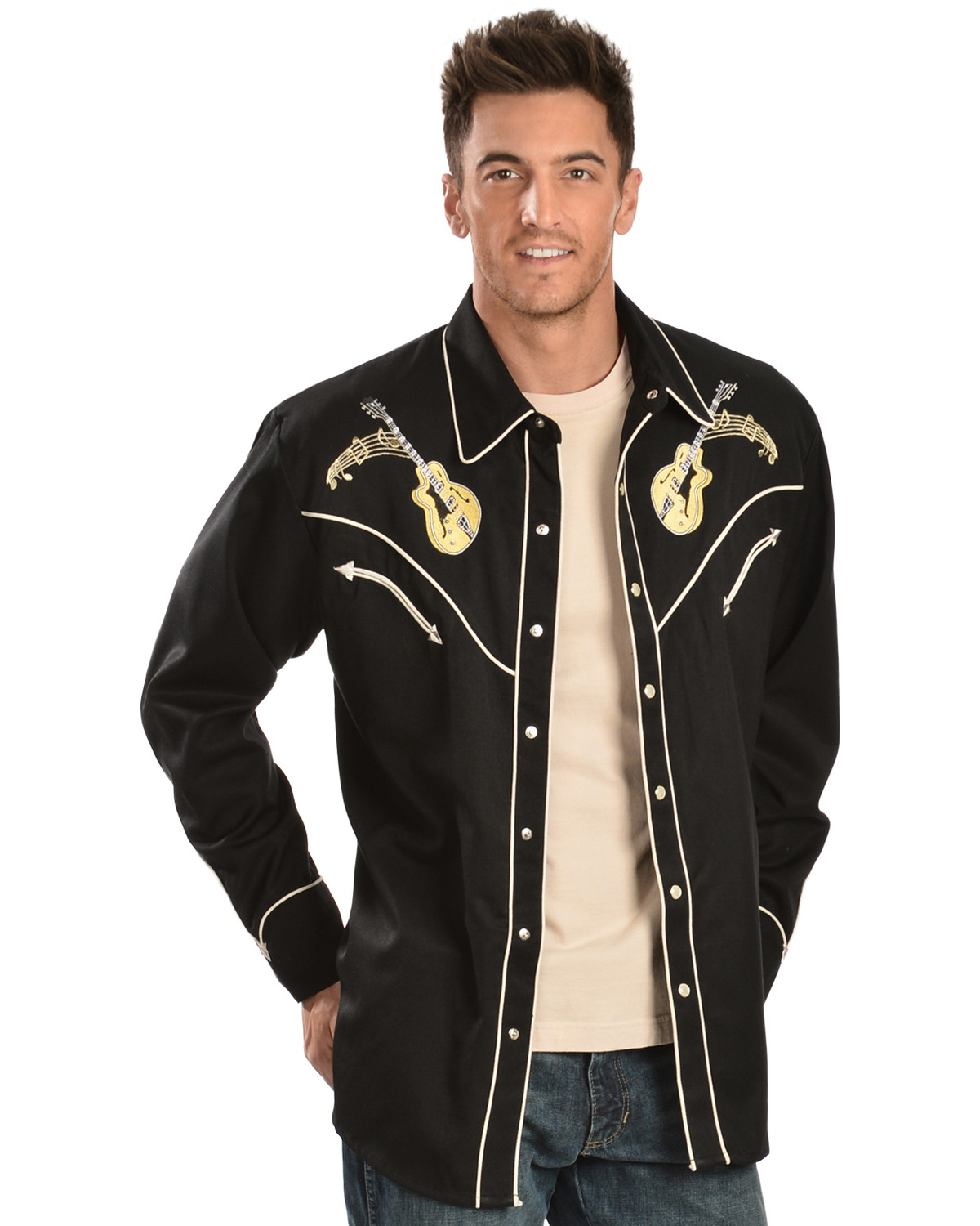 Scully Men S Black Rock N Roll Embroidered Retro Long Sleeve