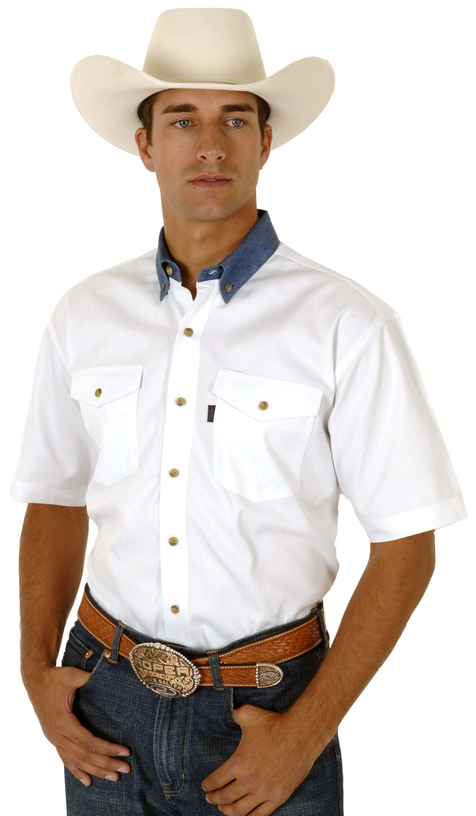 Roper Men's White Twill With Denim Collar Western Shirt | Sheplers