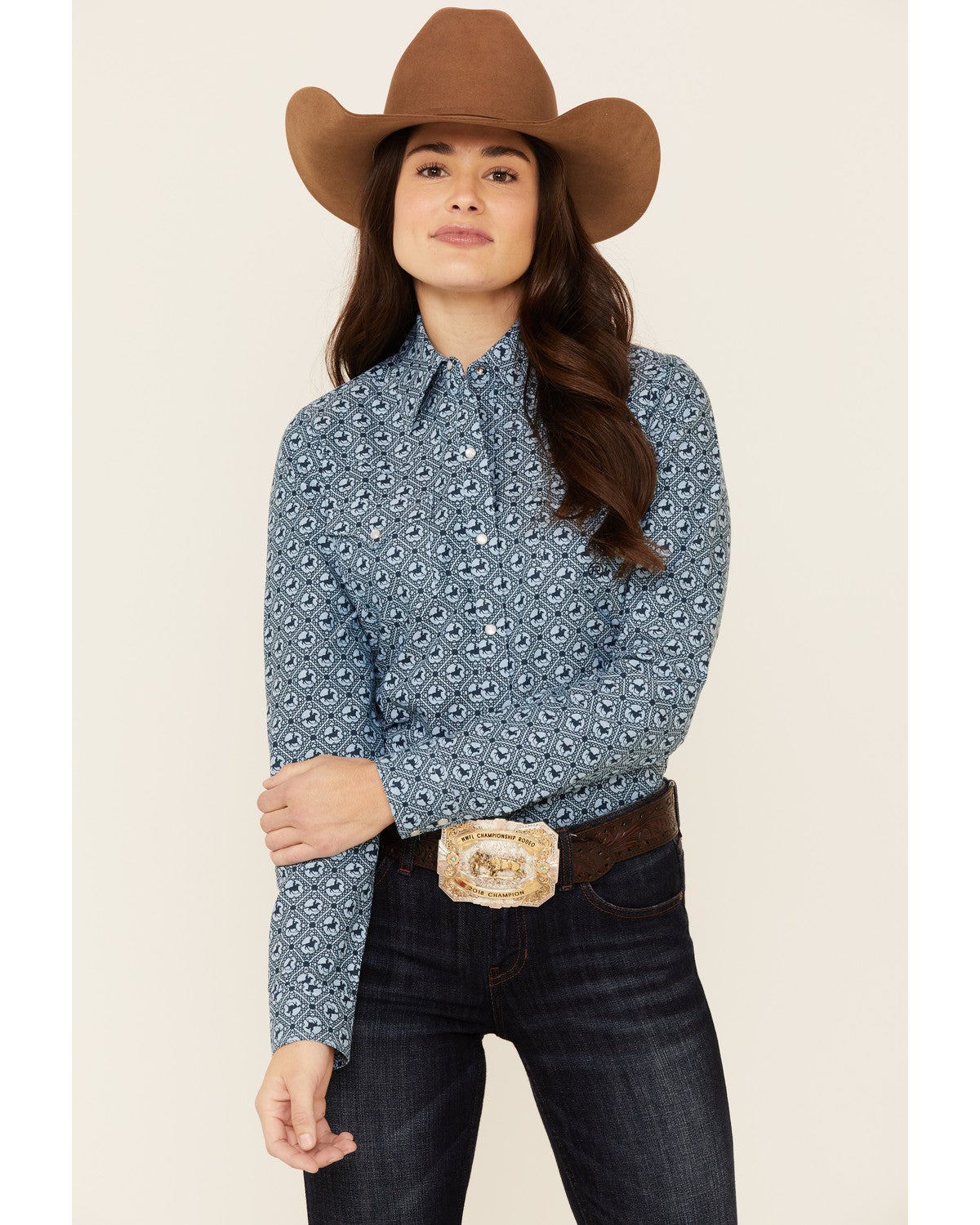 Amarillo Women's Sweet Water Blue Rider Oxford Print Long Sleeve Snap  Western Shirt | Sheplers