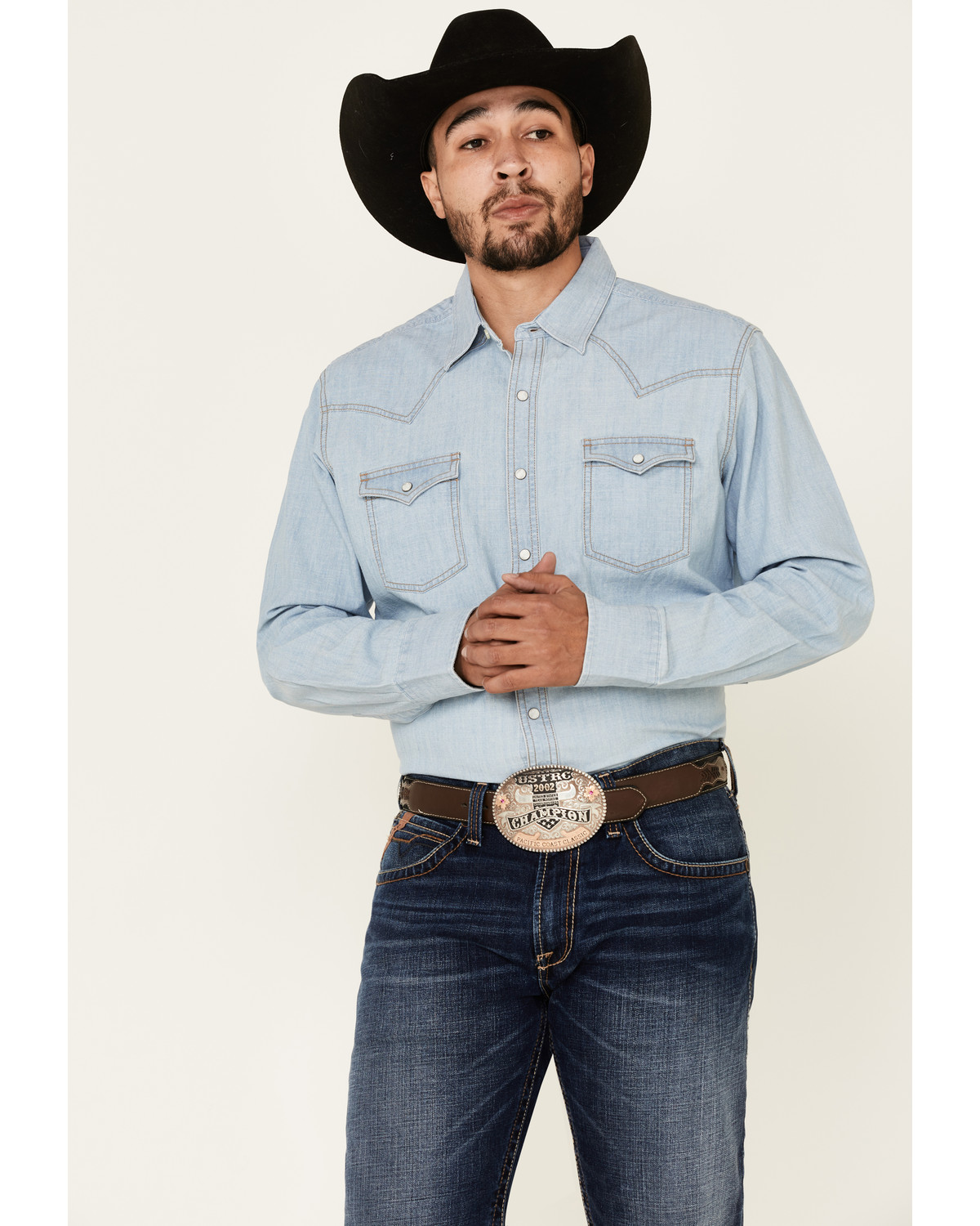 SHOWNO Men Pockets Loose Short Sleeve Washed Casual Denim Work Western Shirt 