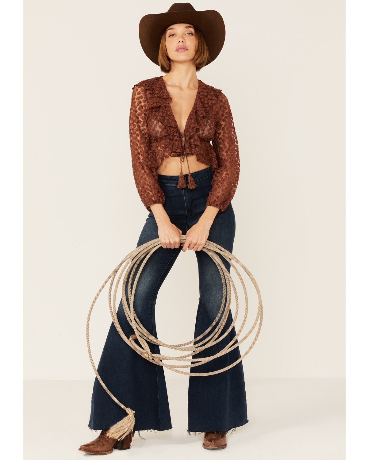 Tie Front Lace Ruffle Crop 