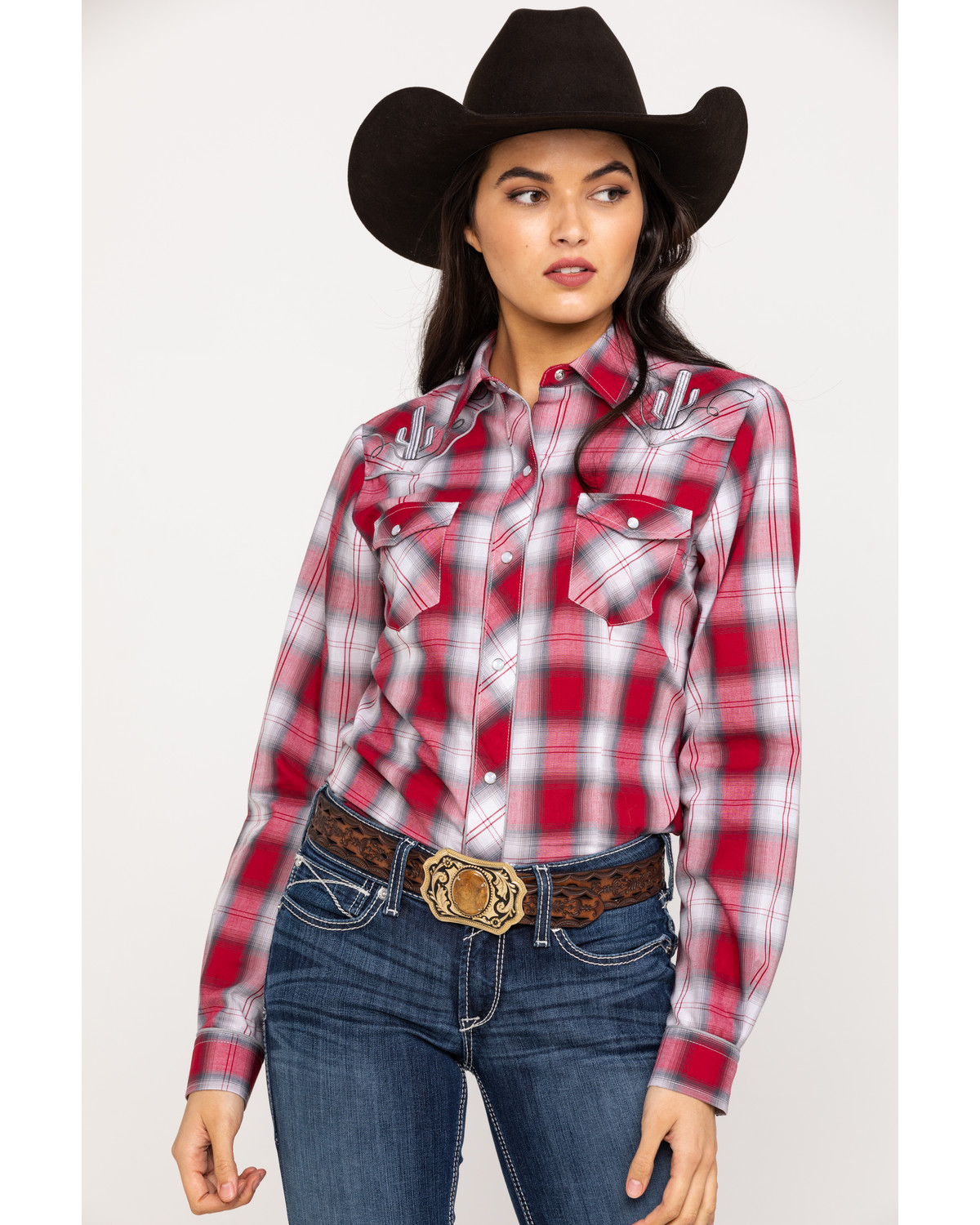 Roper Women's Red Plaid Cactus Embroidered Long Sleeve Western Shirt ...