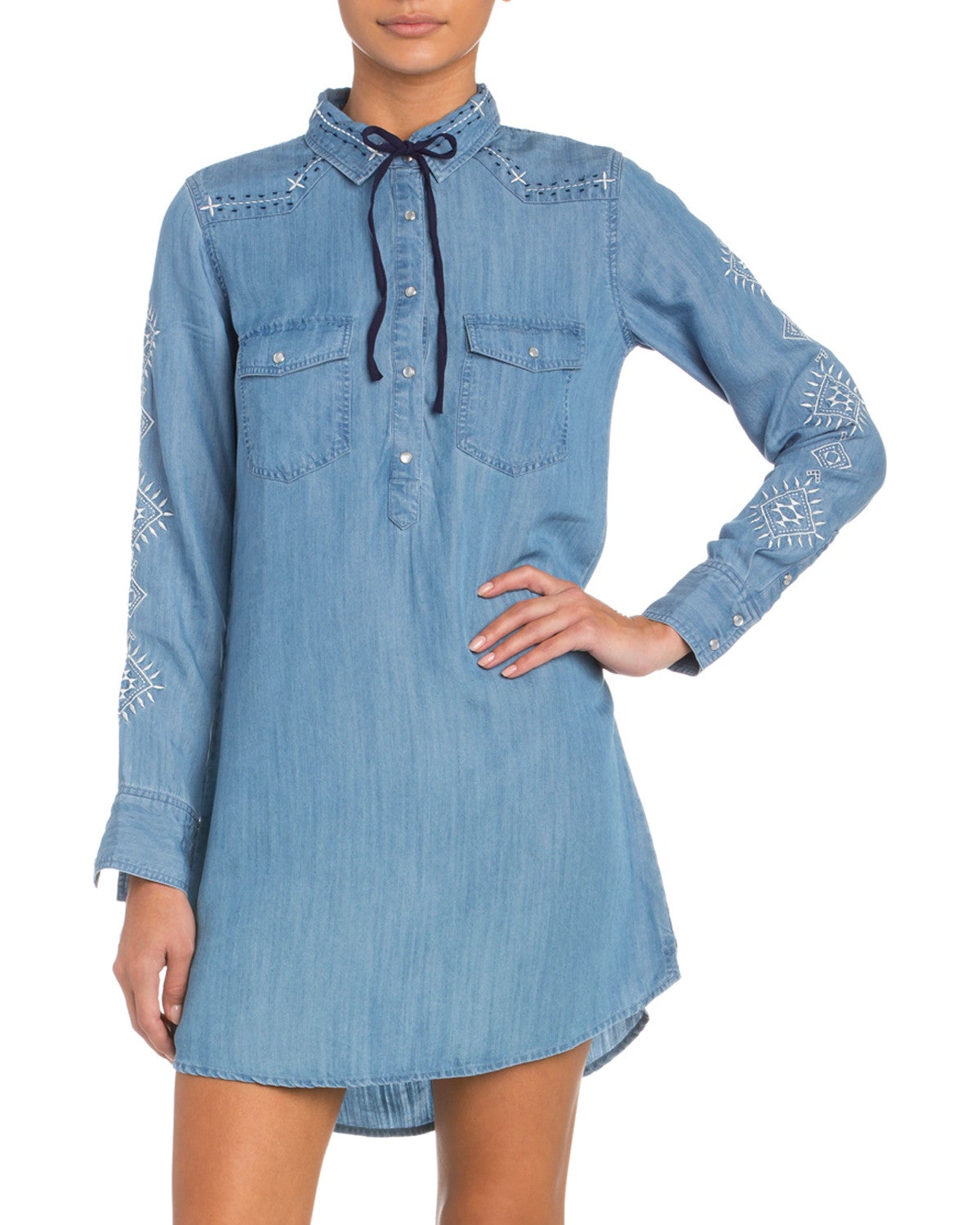 Embroidered Pearl Snap Denim Dress 