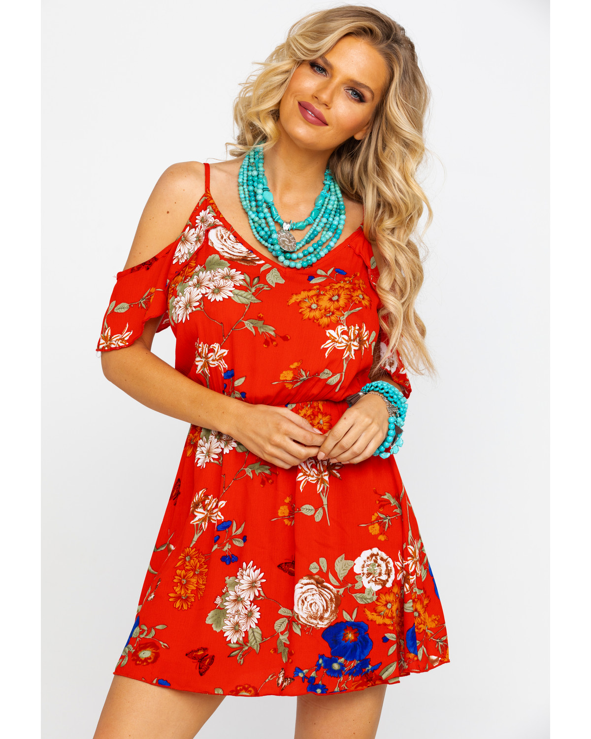 red floral cold shoulder dress