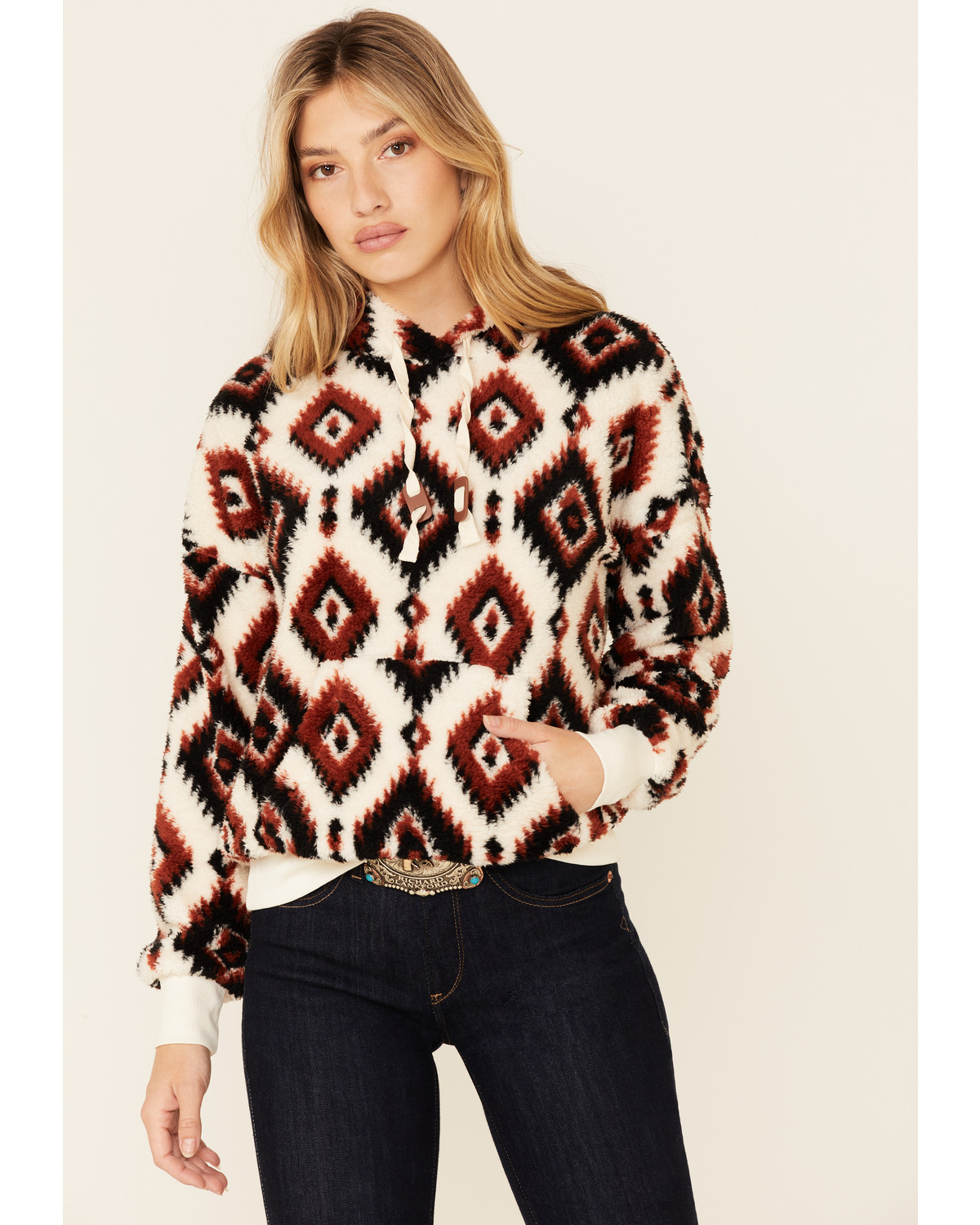 Shyanne Life Women S Black Rust Aztec Print Pullover Sherpa Hoodie Sheplers